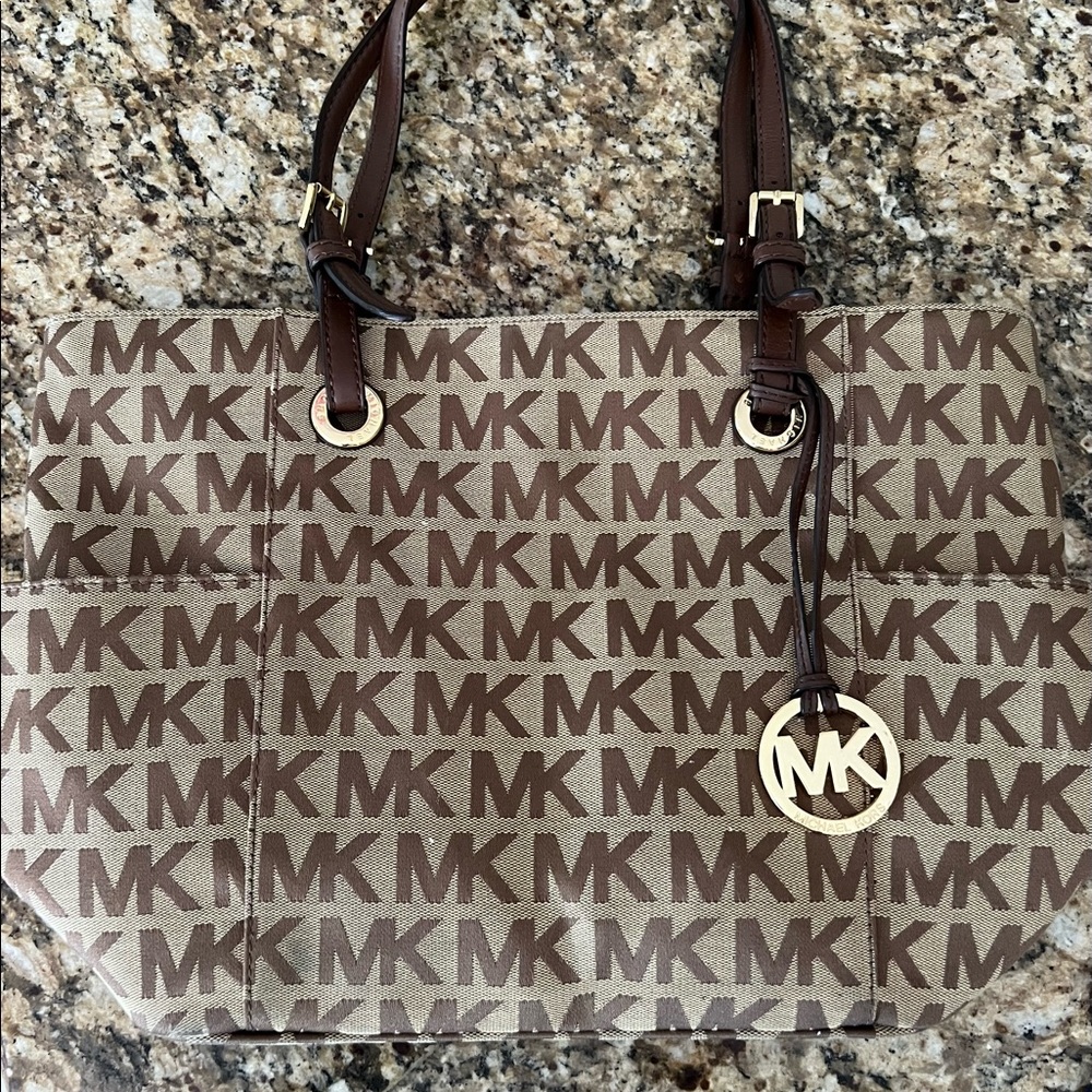 Jet Set Iconic Brown/Tan MK Logo Large Canvas Tote Shoulder Bag Purse
